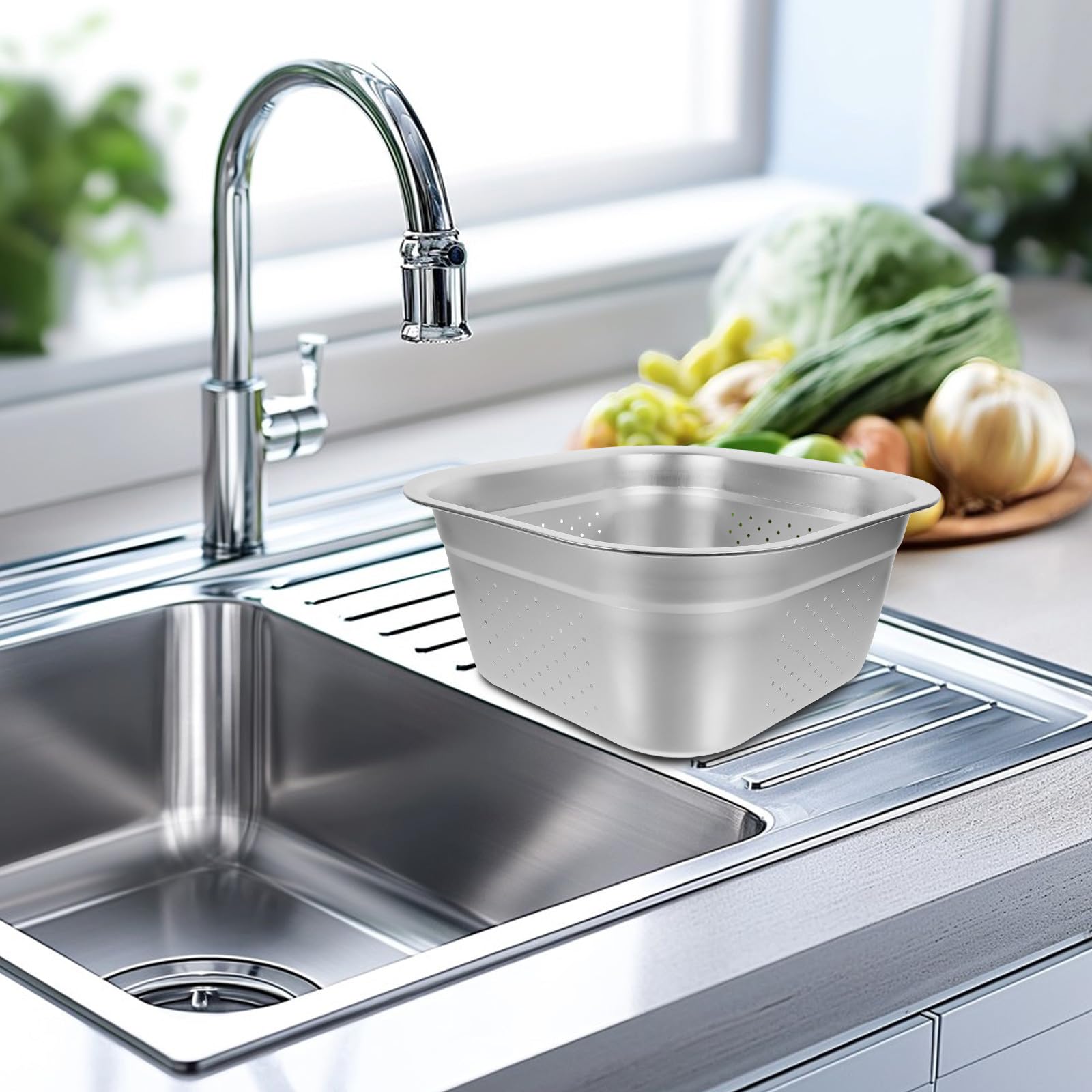 Colador de Cocina de Acero Inoxidable Grande, Forma Cuadrada
