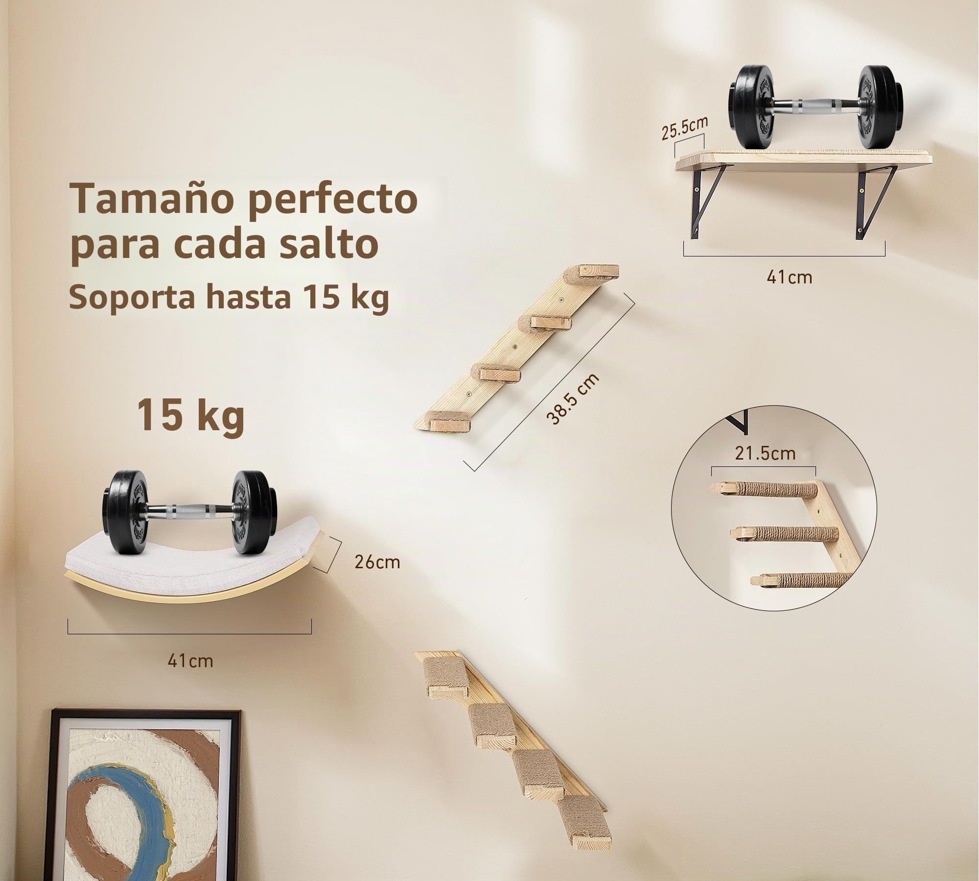 Estantes de pared para gatos con alfombrilla de esponja, árbol trepador para gatos con plataformas cuadradas de 2 escalones y plataformas curvas, juego de muebles de pared de madera para gatos para