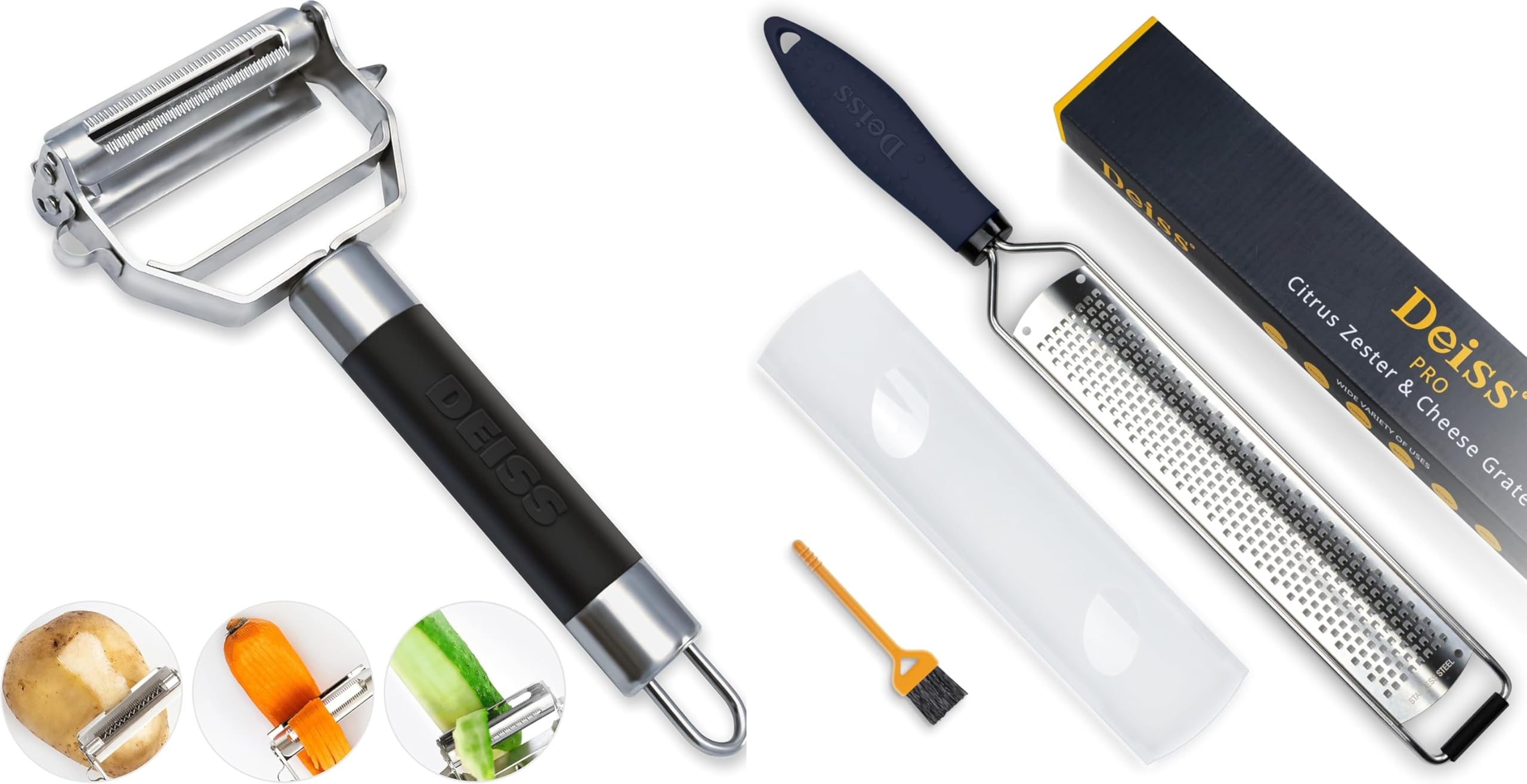 Deiss PRO Dual Julienne Peeler & Vegetable Peeler and Deiss PRO Lemon Zester & Heavy Duty Cheese Grater