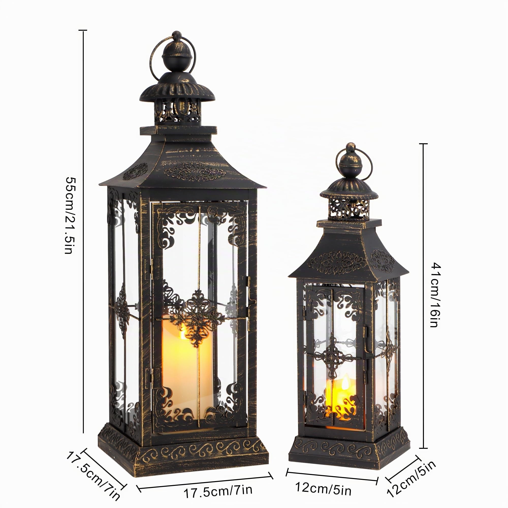TRIROCKS Großes Set mit 3 Dekorativen Laternen 48/34/24 cm H, Vintage-Hängelaterne Kerzenhalter aus Metall mit gehärtetem Glas für drinnen und draußen, Heim, Partys, Garten (Schwarz mit GolDbürste)