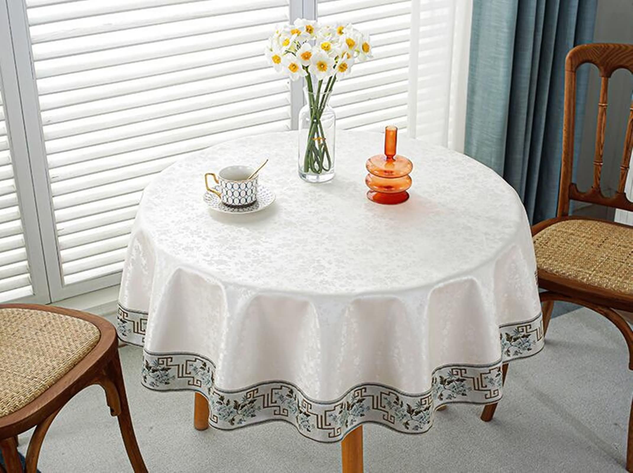 Gualiy PU Tischdecke Rund, Tischtuch 160 Tischdecke Fleckschutz Blätter und Blumen Stickmuster Tischdecke für die Küche, Beige Weiß