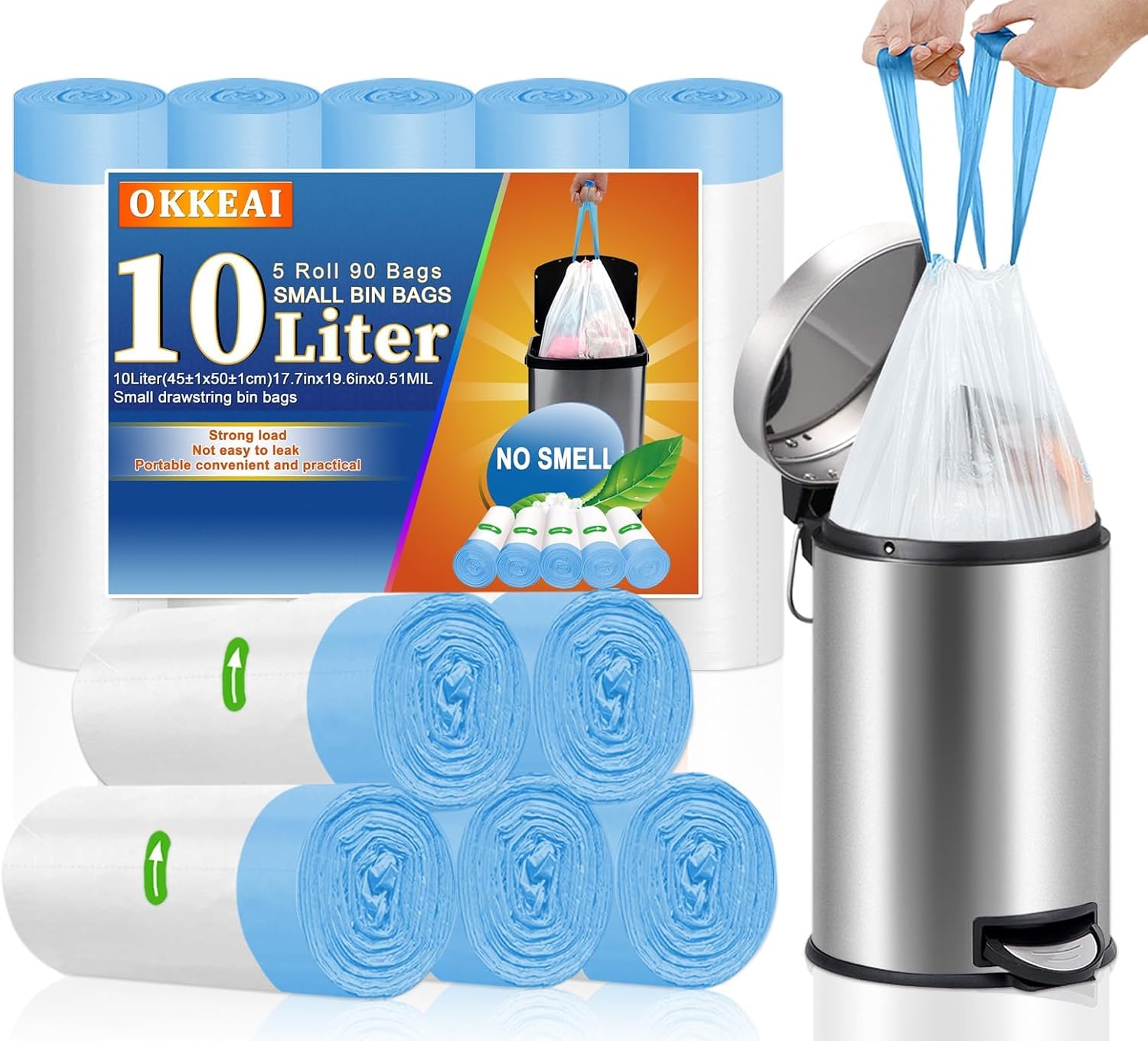 OKKEAI 10l Bin Liners Bathroom Bin Bags Small Pedal Waste Bags Toilet Rubbish Bags Handle Trash ...