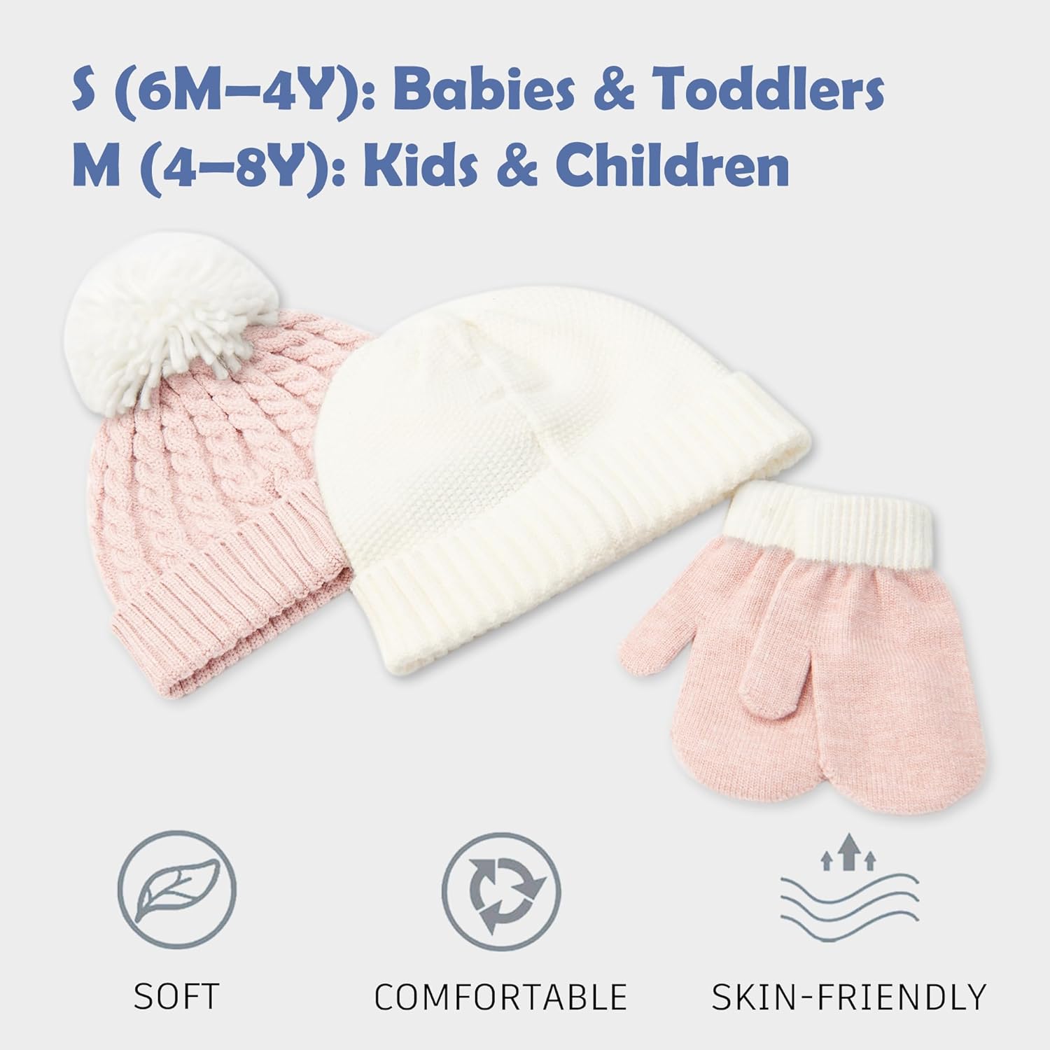 3 Pack Kids Winter Warm Beanie & Mittens Set, Soft Cable Knit Hat For Children's Toddler Baby, Cozy Girls Boys Cap & Gloves - Image 2