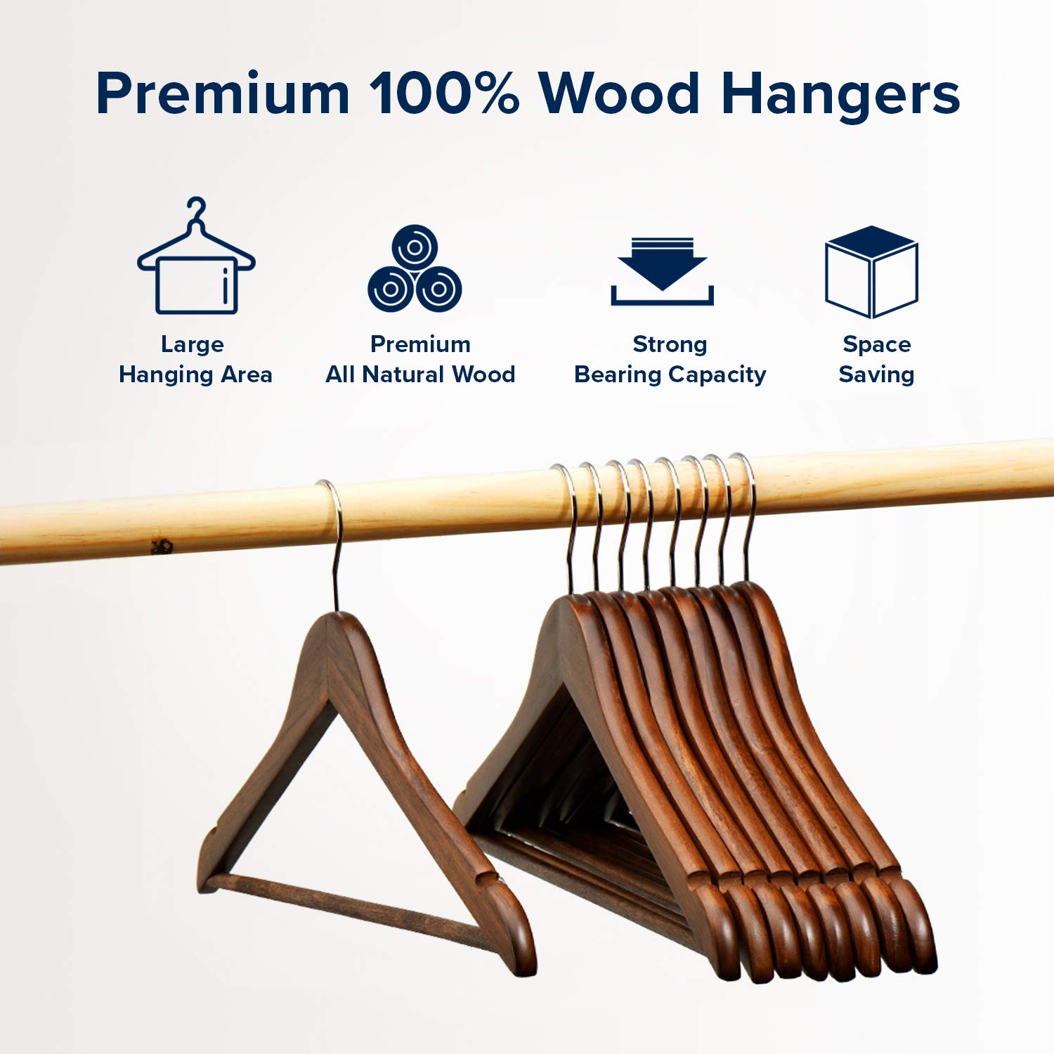 HOUSE DAY Premium Wooden Hangers High Grade Coat Hangers Wood Clothes Hangers Smooth Finish Wood Hangers for Closet Heavy Duty Hangers Suit Hangers for Clothes, Walnut , Jacket, Shirt, Tank Top, Dress