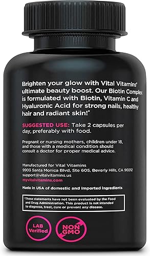 Miniatura 8 de Vital Vitamins Píldoras de complejo de biotina - con ácido hialurónico, MSM, colágeno y vitamina C - Suplemento para cabello, piel y uñas - 60