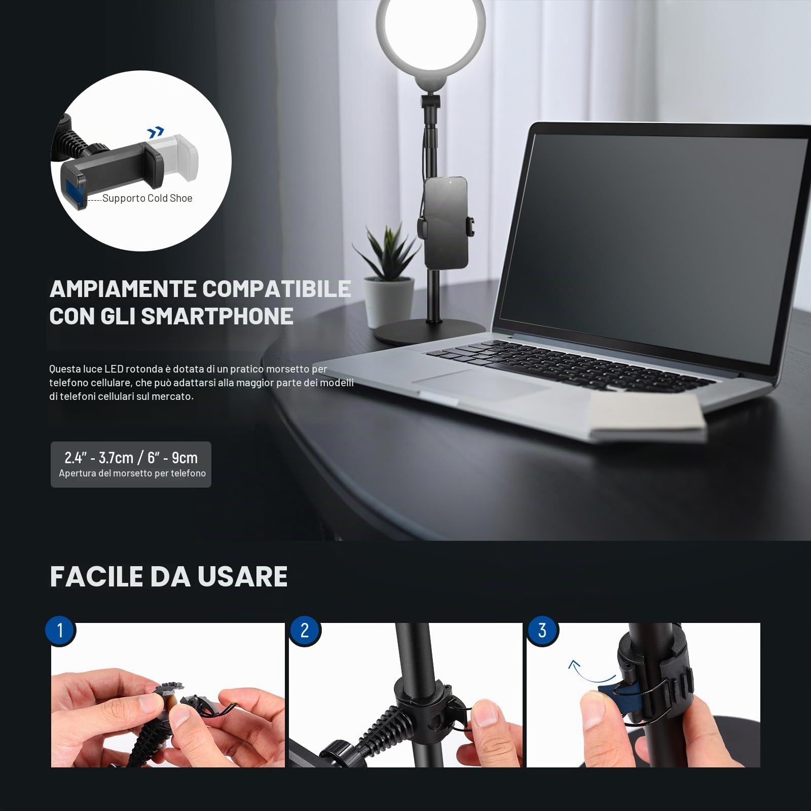 NEEWER BASICS 7” Ring Light da Scrivania (2pz) per Riprese Video, 10W Key Light a Schermo Intero Dimmerabile con Supporti e Portatelefono per iPhone Computer Laptop Vlog Streaming Videoconferenza, R06