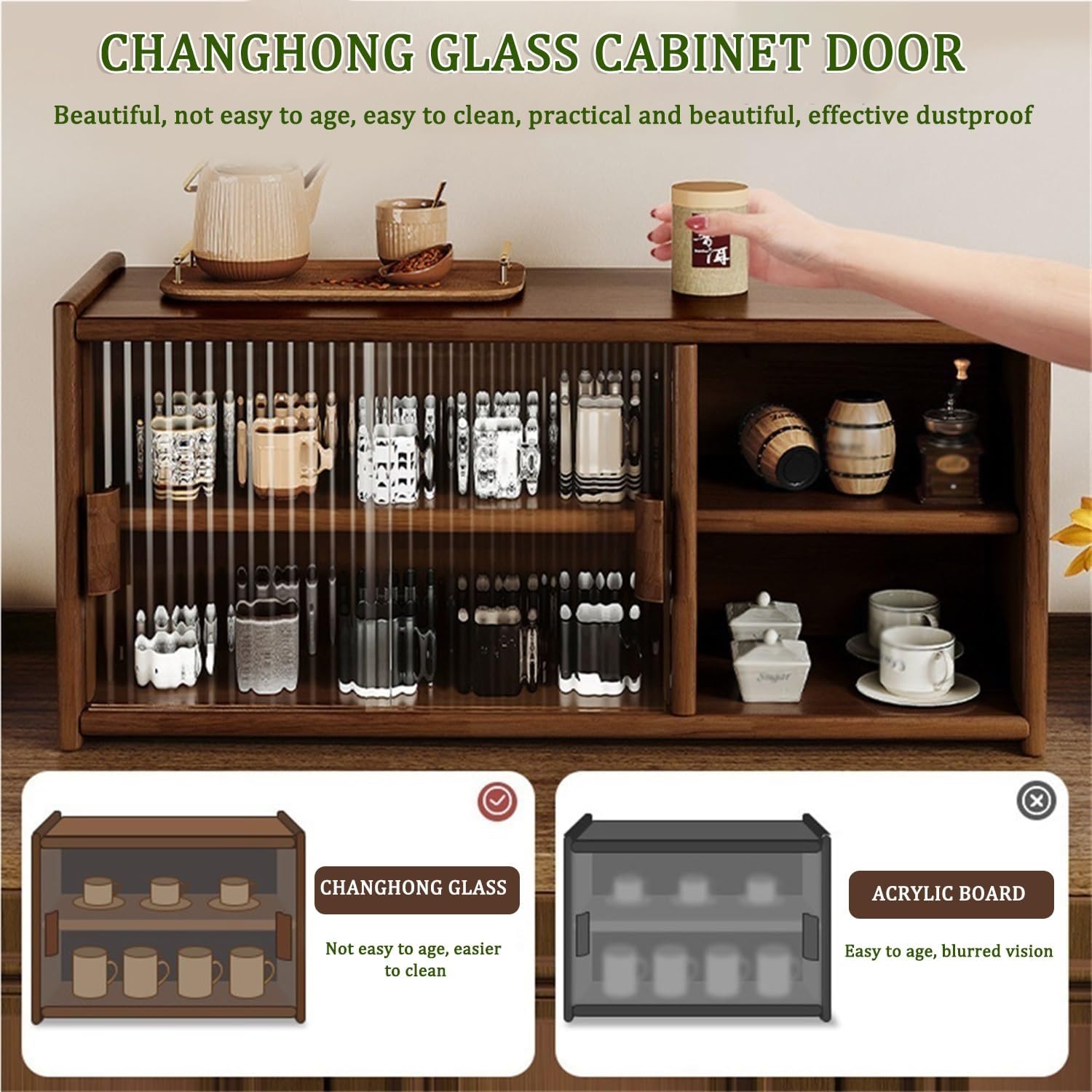 Wood Desktop Mug Holder Storage Cabinet for Coffee Station Bar, Adjustable 2 Tier Desktop Display Rack with Glass Sliding Door for Kitchen, Dining Room, Office(Brown)