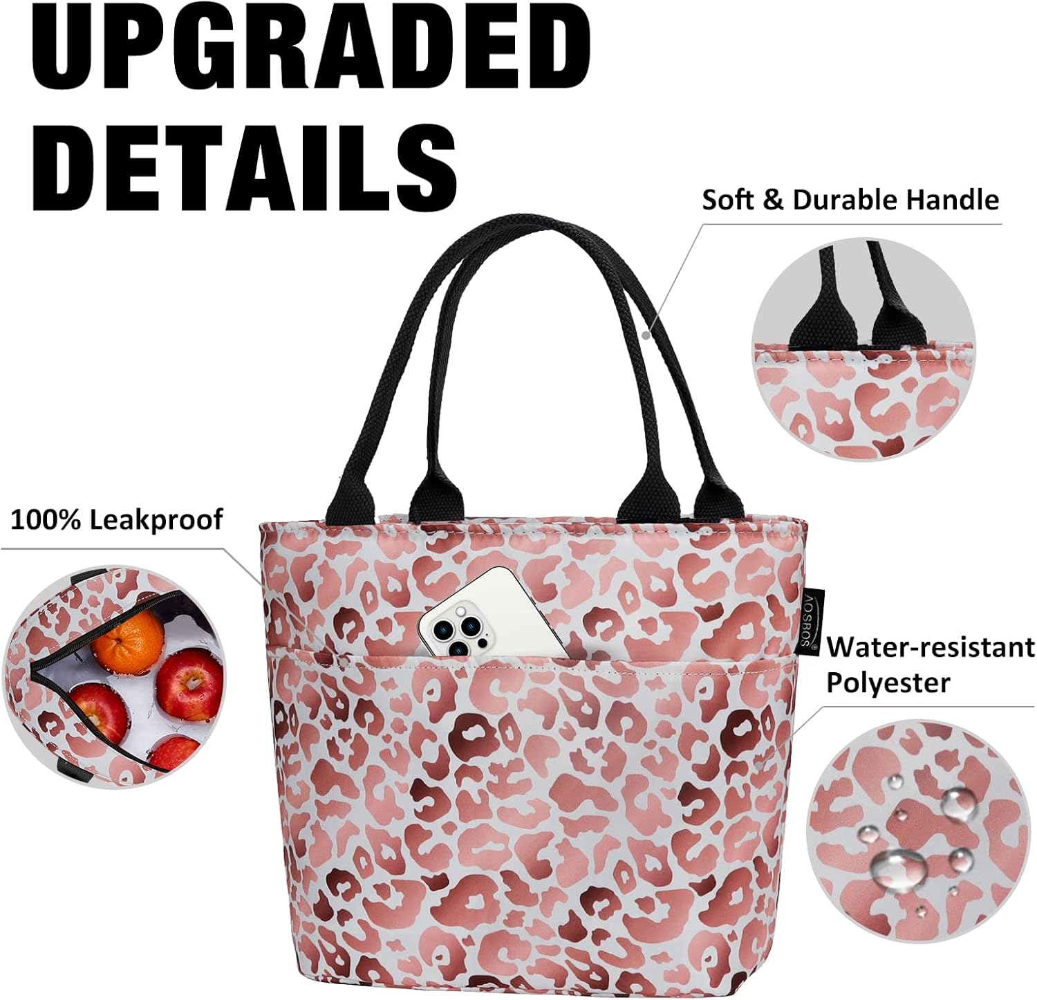 Aosbos Lunch Tote Bag, Insulated Lunch Box for Women, Leakproof Lunch Cooler Purse for Work, Pink Leopard Print - Image 5
