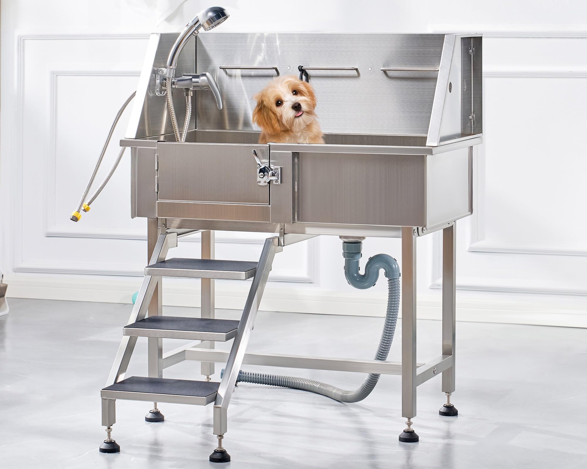 Albott 34-Inch Stainless Steel Dog Washing Station with Anti-Slip Steps, Sprayer, Faucet, and Soap Box – Professional Pet Bathtub for Medium/Small Pets, Ideal for Home, Garage, and Grooming(Left)