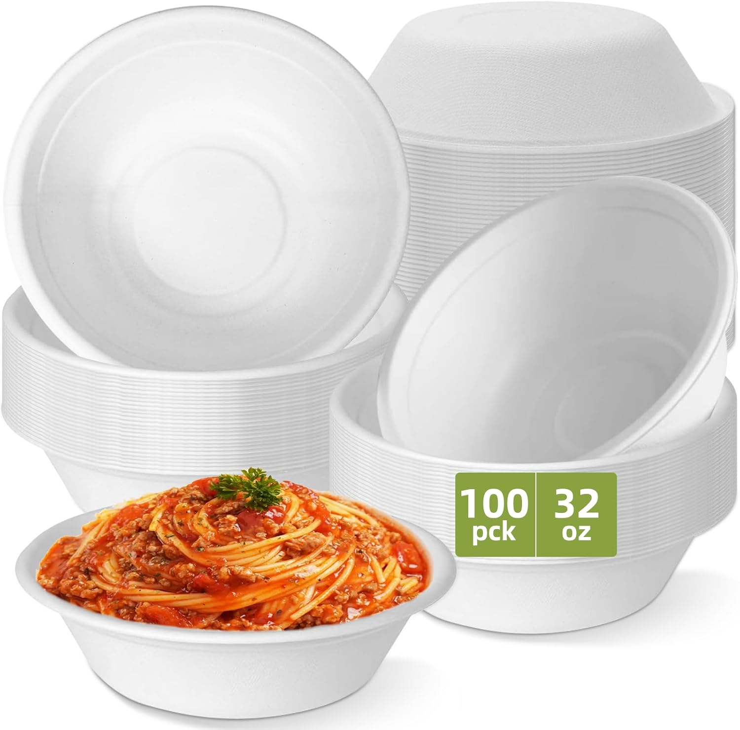100 Pack 32 oz Paper Disposable Compostable Bowls Heavy Duty White Biodegradable Sugarcane Bowls Bulk for Hot Soup, Salad, Party