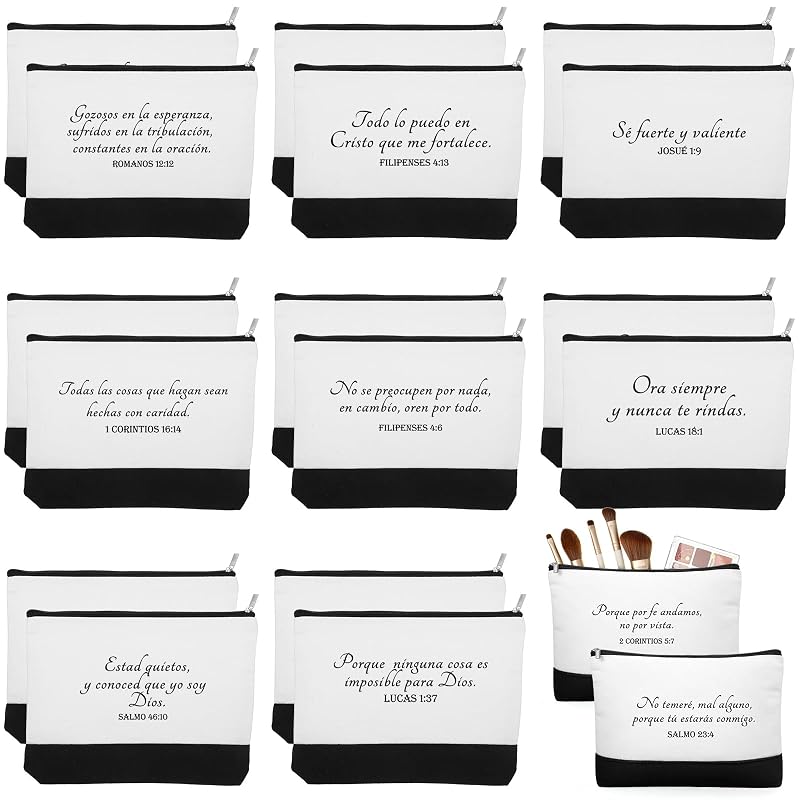 Huhumy 20 necessaires de lona com zíper, estampas cristãs, branco e preto, espanhol