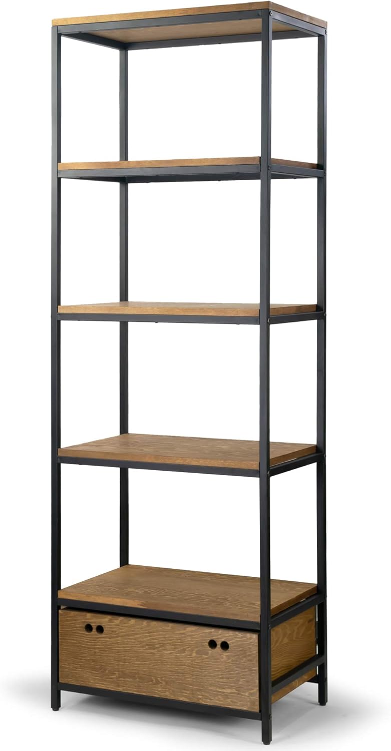 Glamour Home Amy Brown Pine Wood Display Shelf Etagere Metal Frame Bookcase with Drawer