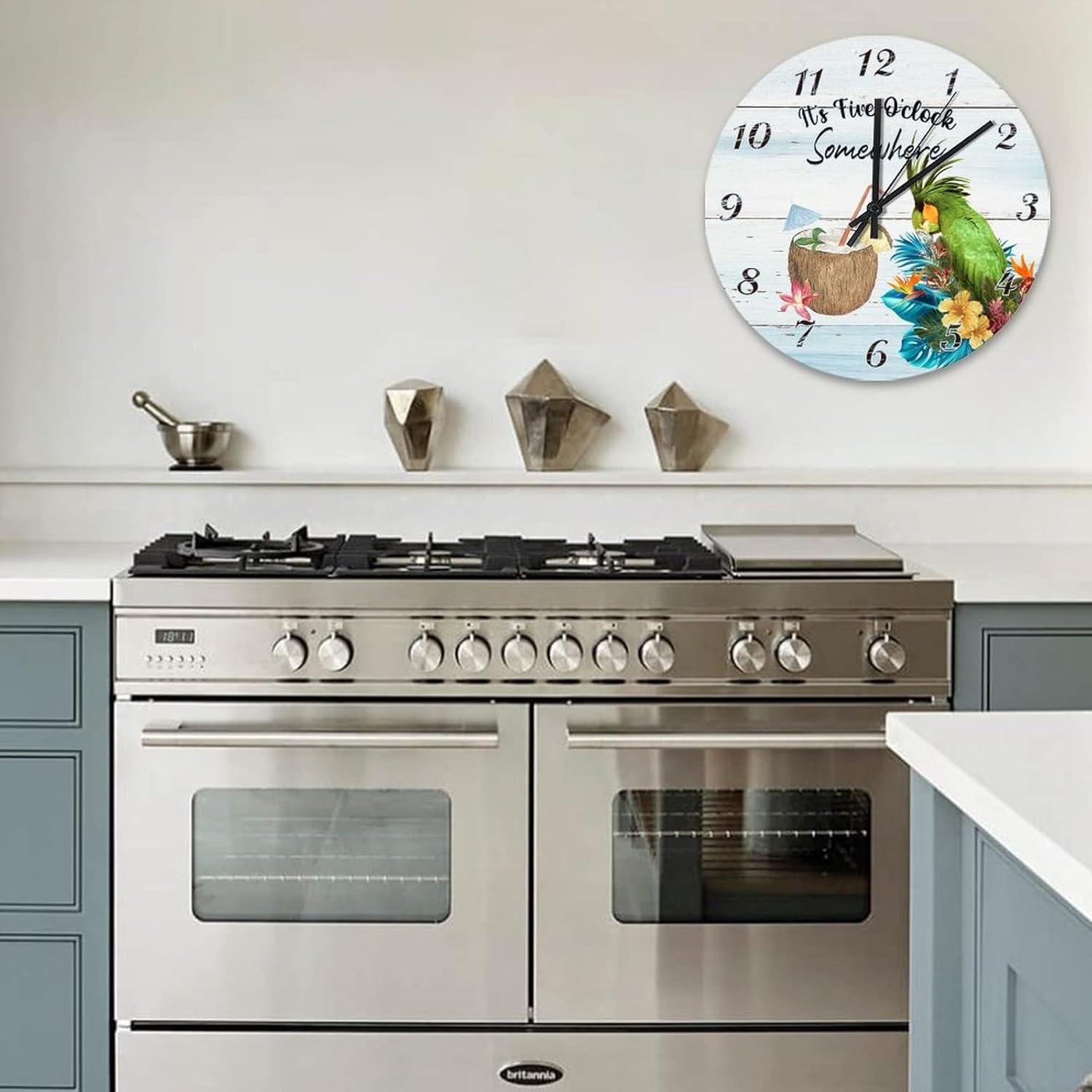 15 Inch It's 5 O'Clock Somewhere Parrot Wall Clocks Battery Operated Quartz Quiet Happy Hour Vintage Wood Print Wall Clock Round Clock for Living Room Bedroom Office Kitchen School