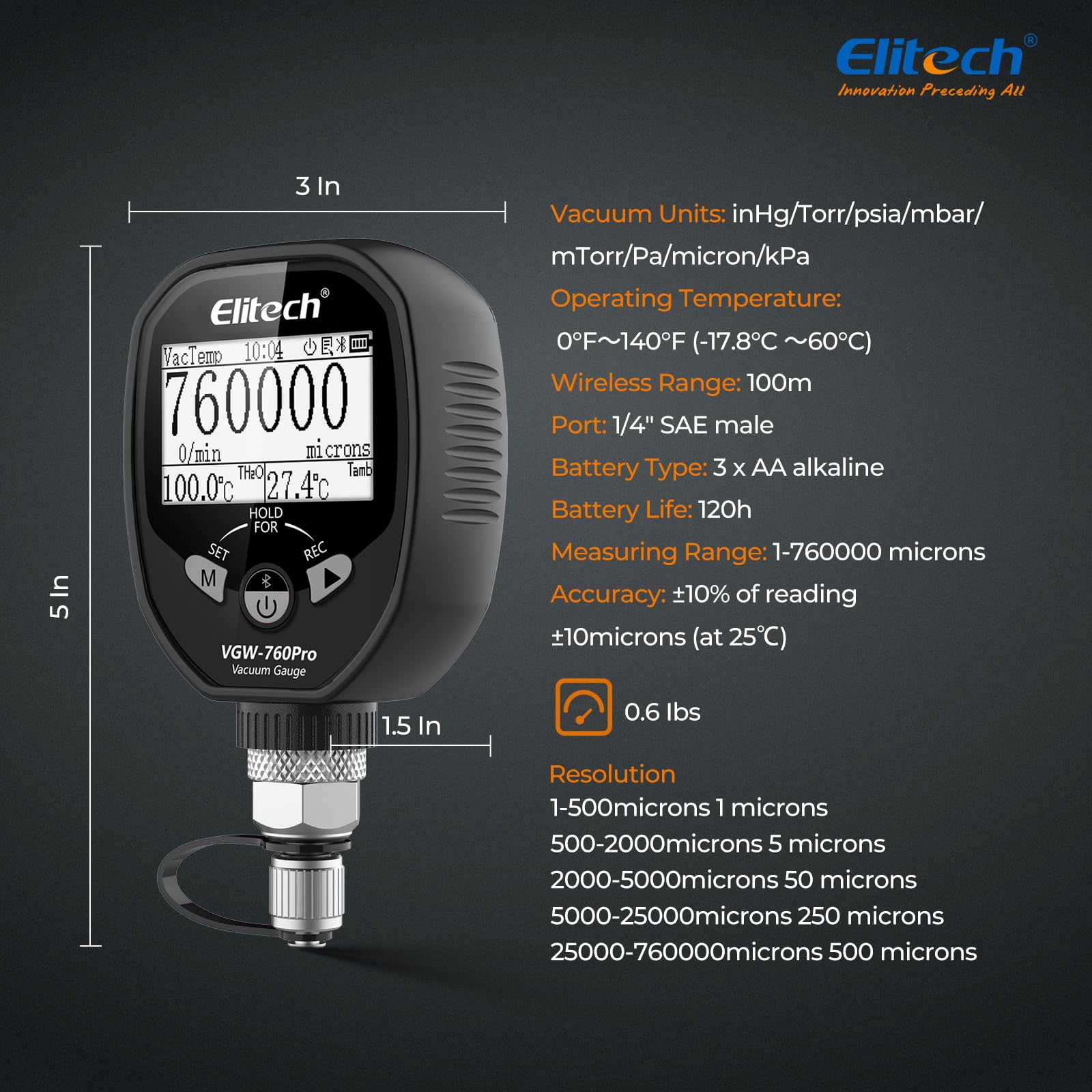 Elitech VGW-760Pro HVAC Vacímetro conexión APP Actualización OTA Almacenamiento de Datos fuera de Línea Indicador Gráfico de Valor de Vacío