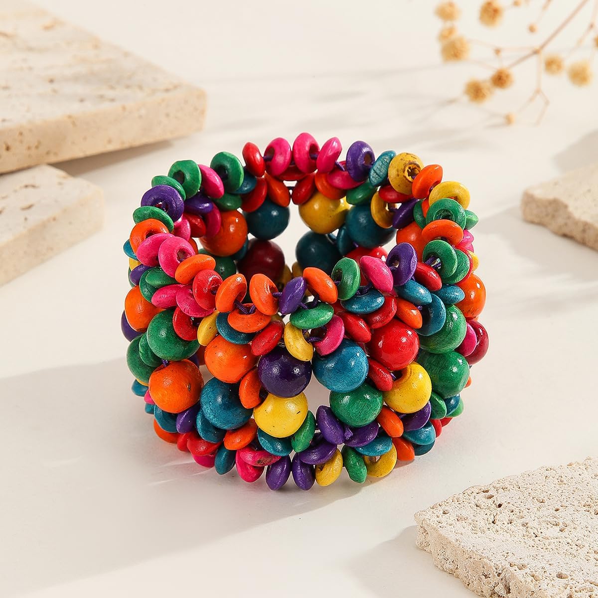 Caiyao Bohemian Multicolor Natural Wooden Beads Woven Stretch Bracelets Retro Thick Coconut Shell Wood Beaded Elastic Wristband Bracelet Wide Chunky Ethnic Bangles for Women Holiday Jewelry Gifts - Image 2