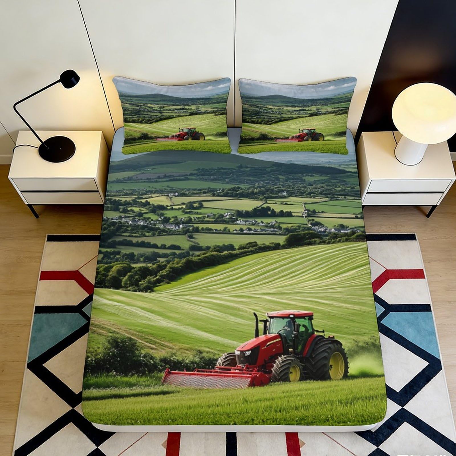 Dhbaneiok Style-4 3D Printed Scenic Landscape Fitted Sheet Microfiber Farm Tractor Bed Cover For Bedroom Guest Room Mattress Protection Decor 90X200x25cm