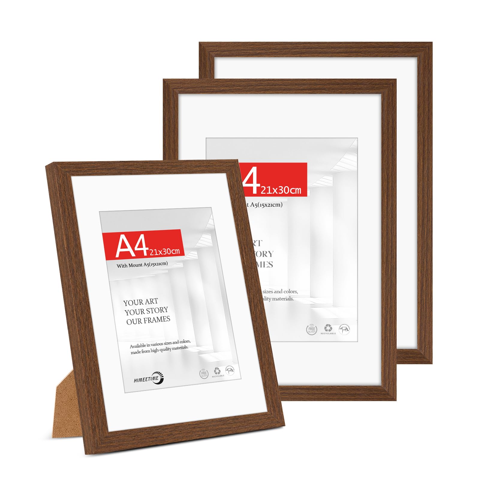 HIMEETIME® 3x A4(21x29.7cm) Picture Frame Brown Wood,A4 Photo Frame with Mount for A5(14.8x21cm) — Includes HD Perspex and Stand for Tabletop or Wall Hanging