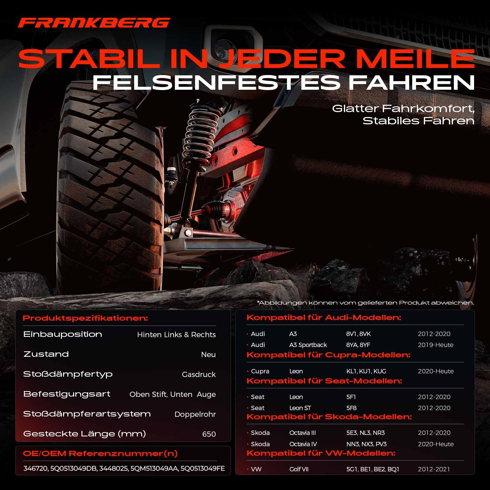 Frankberg 2x Stossdämpfer Stoßdämpfer Hinten Links Rechts 650mm Gasdruck Kompatibel mit O.c.t.a.v.i.a III Combi 5E5 5E6 Replace# 5Q0513049FE,3448025