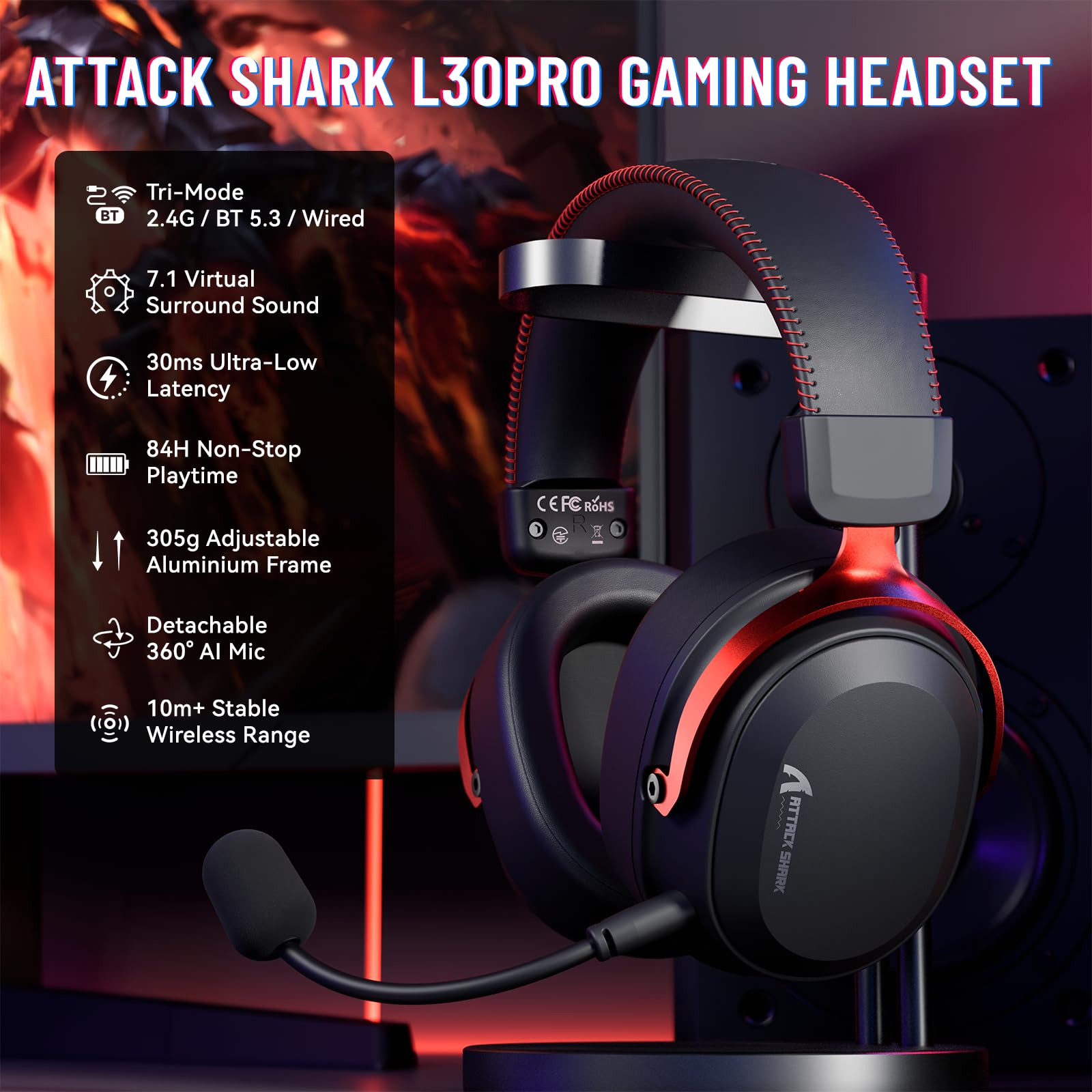 ATTACK SHARK L30PRO Auriculares Gaming Inalámbricos, Sonido Surround 7.1 Drivers 50mm, 3 Modos 2.4G/BT 5.3/Cable con Micro Desmontable para PC/PS/Xbox/Switch, 84H de Juego-Negro Rojo