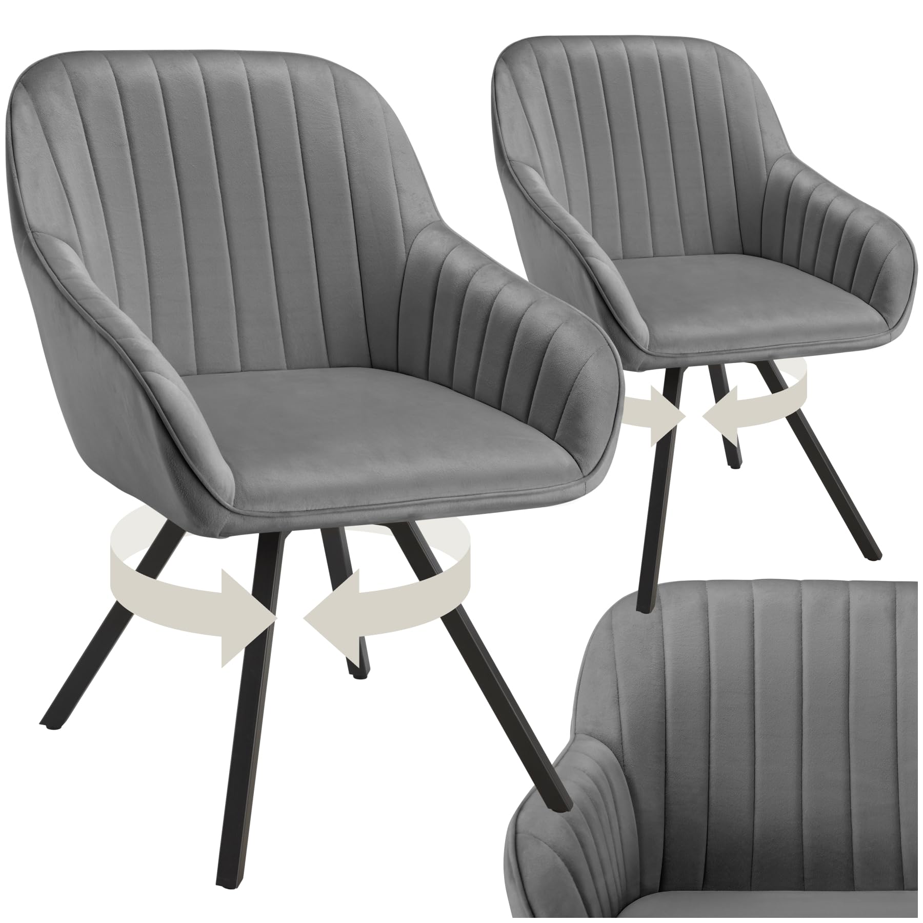 tectake® Set of 2 Velvet Dining Chairs with Slim Steel Legs, Large Arm- & Backrests, Soft Padding, 360° Swivel Armchairs with Height-Adjustable Feet - Ideal Living Room, Kitchen & Desk Chairs - Grey