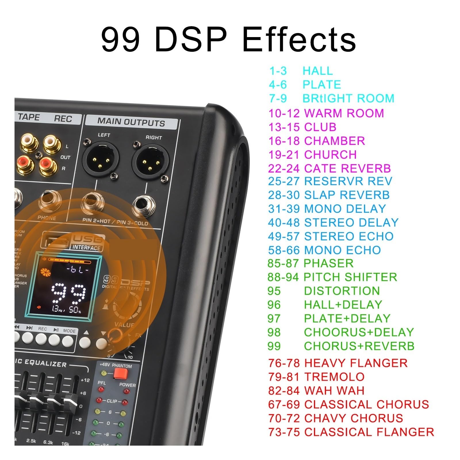 DJ-Audiomixer 6-Mono-Kanal-Mischpult, Monitor, Low Cut, 99 DSP-Effekt-PAD, Bluetooth-Audio-Sound-Mixer, 7-Band-EQ, USB-Aufnahme