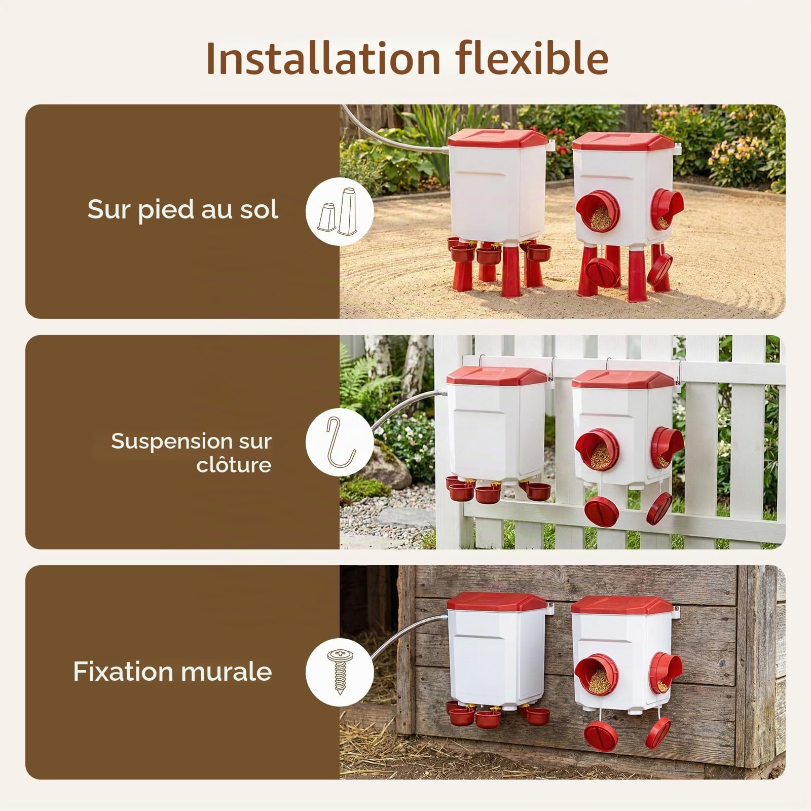Todeco Kit Mangeoire 8 kg et Abreuvoir Automatique 7 L pour Poules | 2 Ports, 4 Bols, Flotteur Automatique, Raccordable aux Robinets, sur Pieds, Murale ou Suspendue, pour Volailles