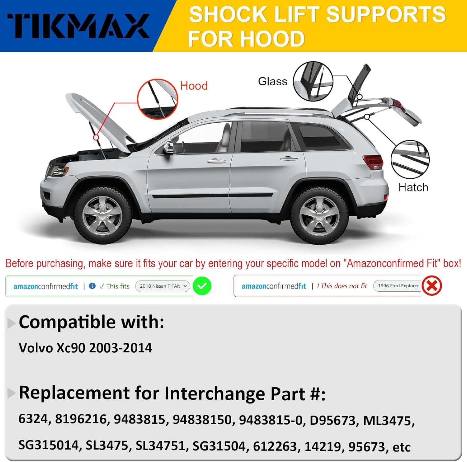 Front Hood Gas Struts for Volvo Xc90 2003-2014, Replaces 6324 95673 14219 30649736 SG315014 612263 Shocks Lift Supports Gas Springs, 2 Pcs