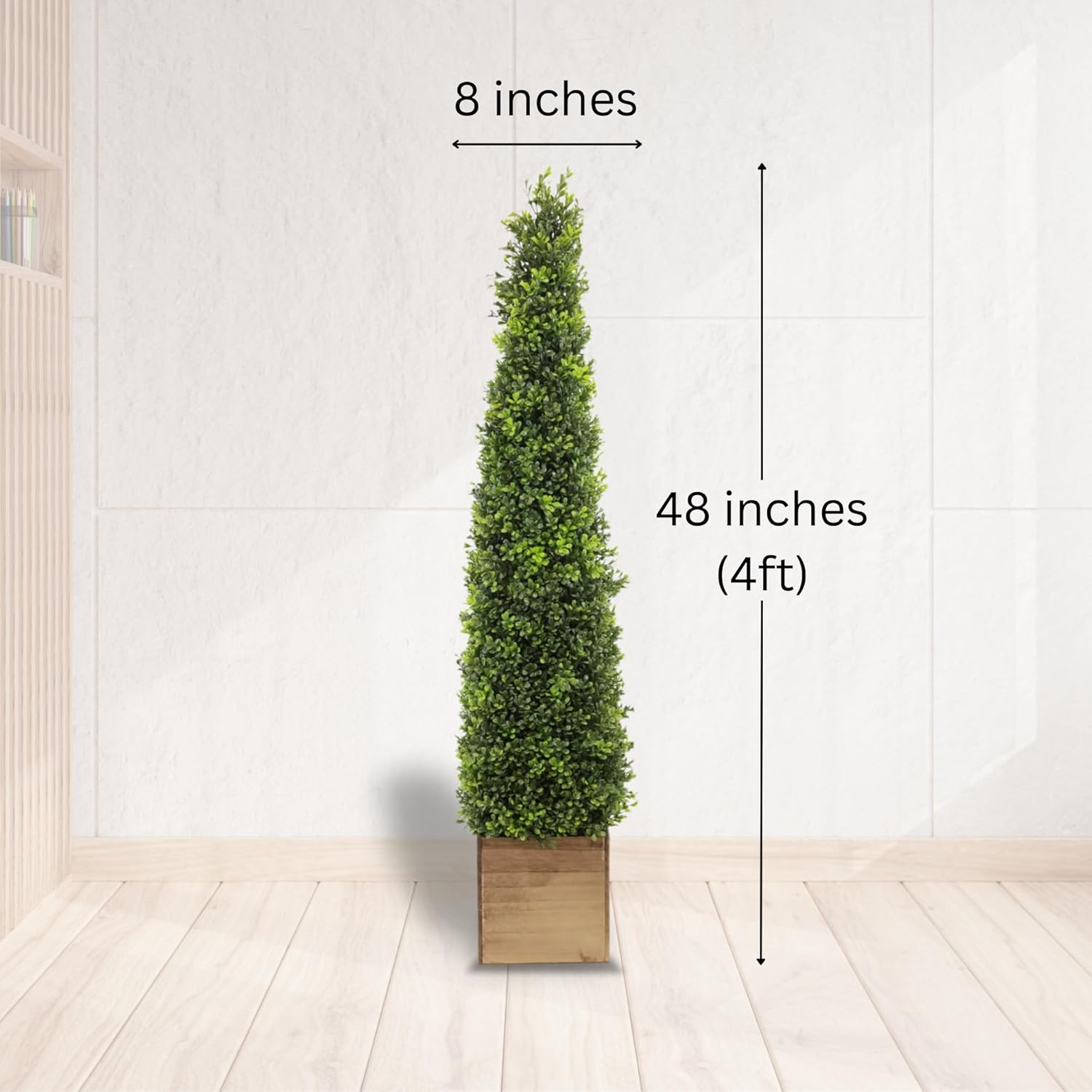 Season’s Need Artificial Boxwood Cone Tower 4ft Tall Topiaries Tree Set with Wooden Planter - Indoor Outdoor Décor, 2 Pack Fake Bushes - Potted Plant - Image 2