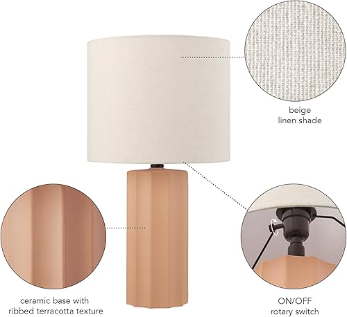 Miniatura 5 de GLOBE 61000062 - Lámpara de mesa eléctrica de cerámica acanalada de 20 pulgadas, acabado terracota mate, pantalla de lino blanco, interruptor