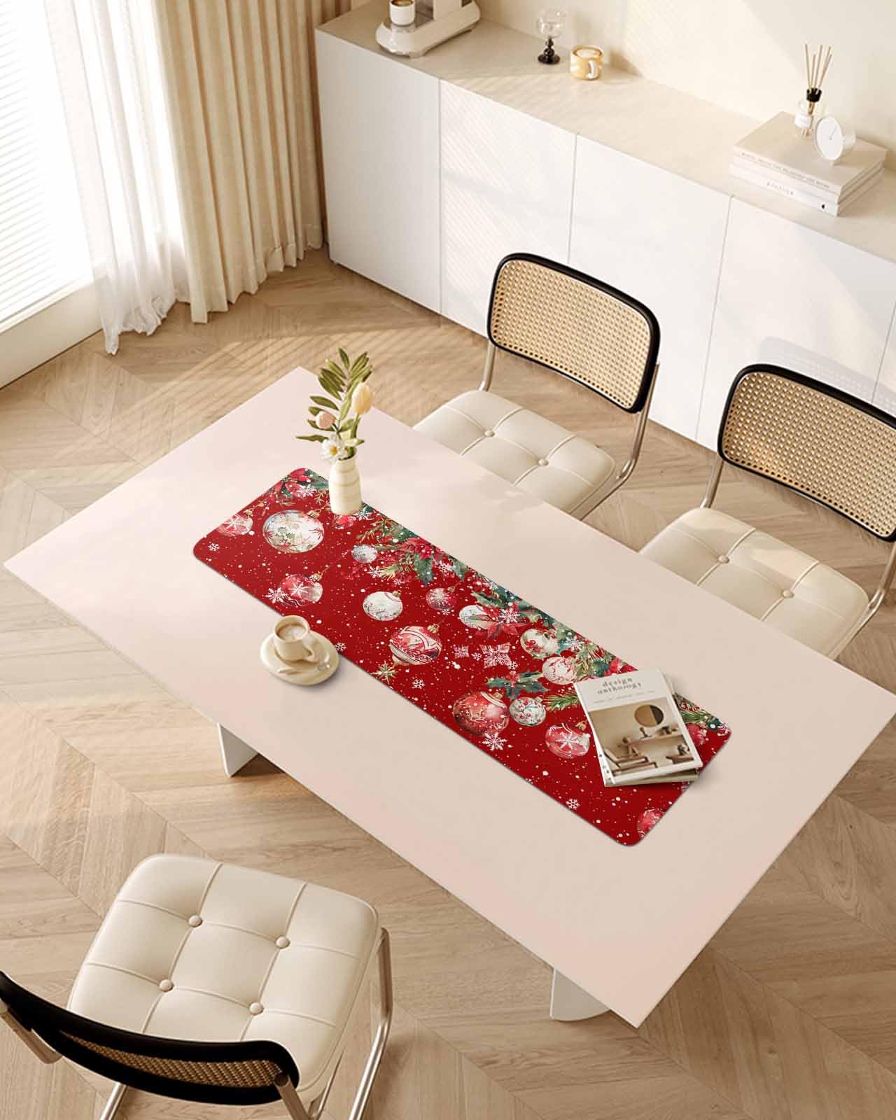 Debedcor Heat Proof Table Pads Waterproof Decorative, Red Christmas Ball Non-Slip Table Countertop Protector, Winter Xmas Poinsettia Snowflake Insulation Mat for Kitchen Room, 40 x 12 Inches