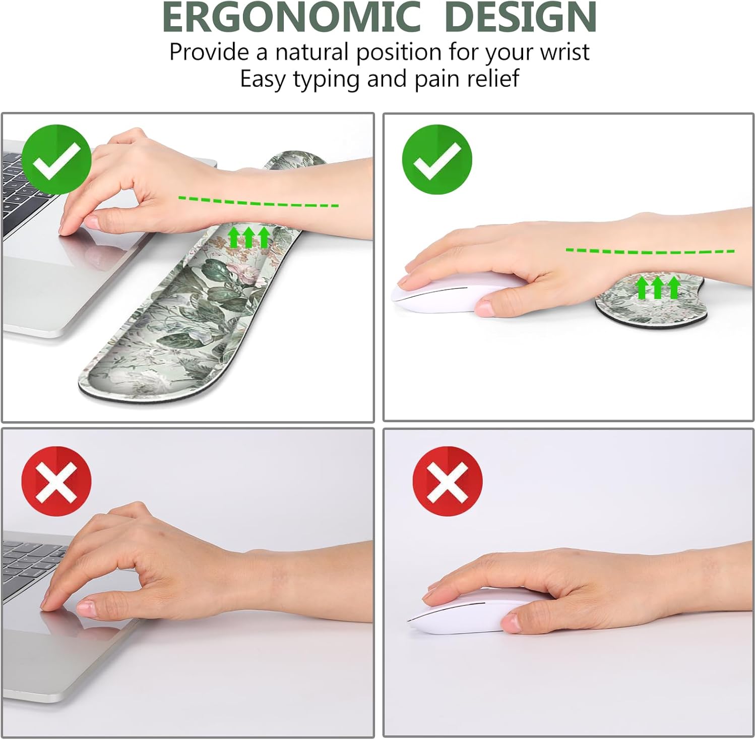DINKY Large Mouse Pad and Keyboard Wrist Rest, Desk Pad for Keyboard and Mouse, Extended Mouse Pad with Wrist Support, 4 in 1 Non-Slip Desk Mat Blotter for Office, Home, Green Vintage Leaf Flower
