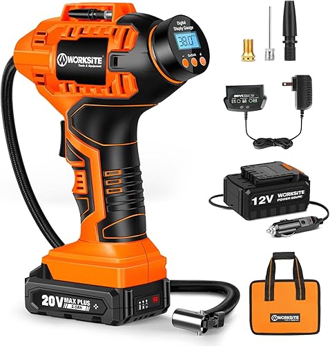WORKSITE Compresor de aire inalámbrico para inflador de neumáticos, bomba de aire portátil de mano, bomba de neumáticos de automóvil a batería con