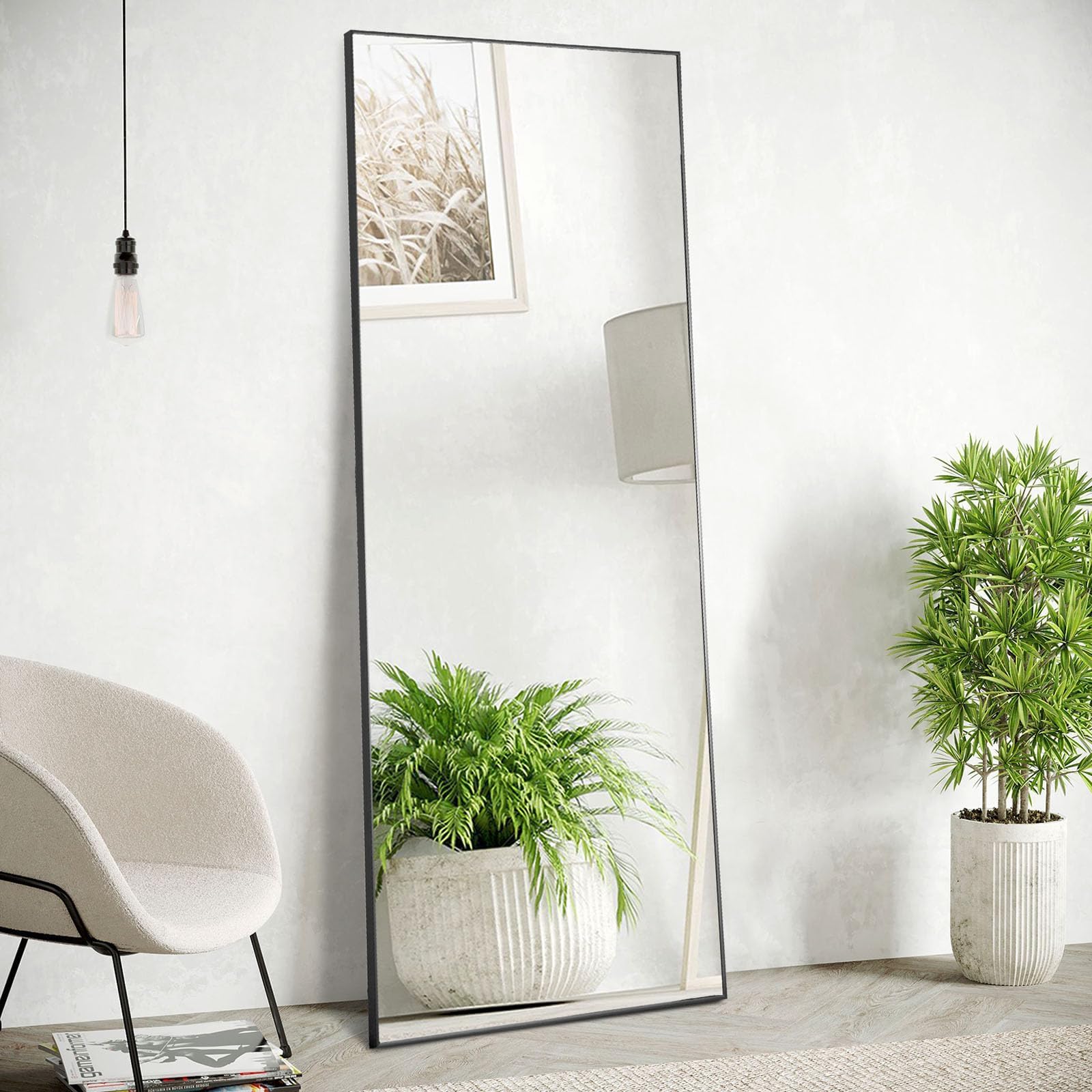 Sweetcrispy Full Length Mirror with Stand, 59"x17" Floor Mirror with Aluminum Alloy Frame for Bedroom, Standing Full Body with Shatter-proorf Nano Glass for Wall, Living Room, Cloakroom (Black)
