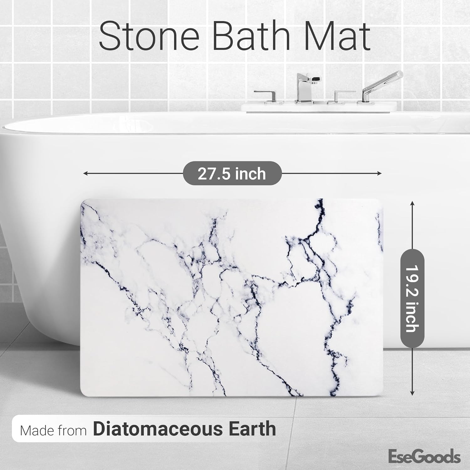 Extra-Large Stone Bath Mat 19.2 x 27.5 Inch | Diatomaceous Earth Shower Mat – Non-Slip, Super Absorbent & Quick-Drying | Diatomite Bath Mat for Bathroom Floor, Shower, Spa, & Kitchen (White)