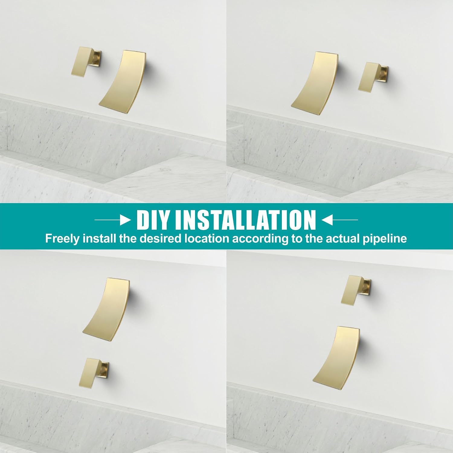 SKOWLL Single Handle Wall Mount Bathroom Sink Faucet, Brushed Gold Waterfall Modern Tub Faucet Set, Waterfall Spout