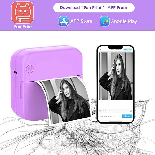 Miniatura 3 de PRINHSJI Impresora de bolsillo para iOS y Android, mini impresora inalámbrica de calcomanías con 10 rollos de papel térmico, mini impresoras