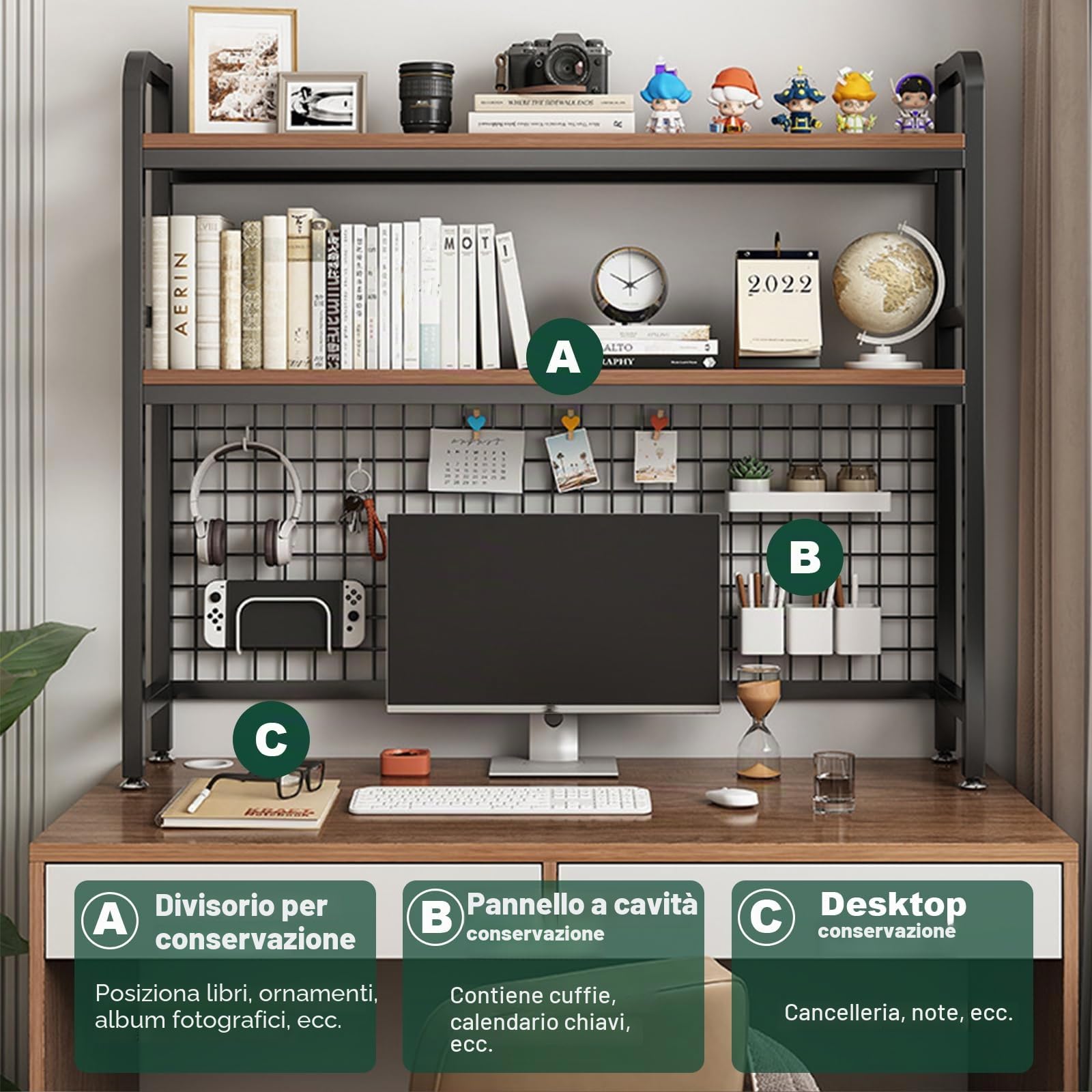 Libreria da scrivania a 2 animali, per computer, scrivania in legno, con organizer multifunzione a rete metallica (75 cm di larghezza)