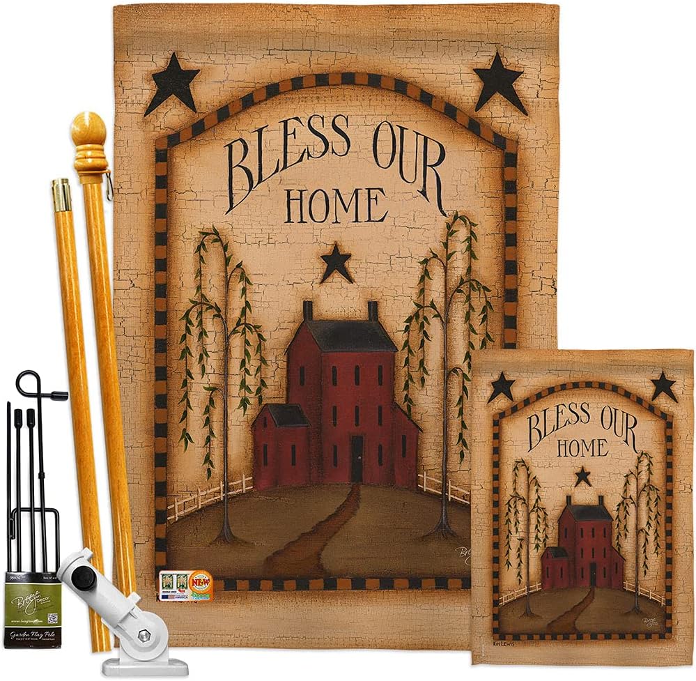 Classic Bless Our Home House Flag Country Living Primitive Farm Western Barn American Rustic Cowboy Rural Ranch Small Decorative Gift Yard Banner Made In USA 28 X 40
