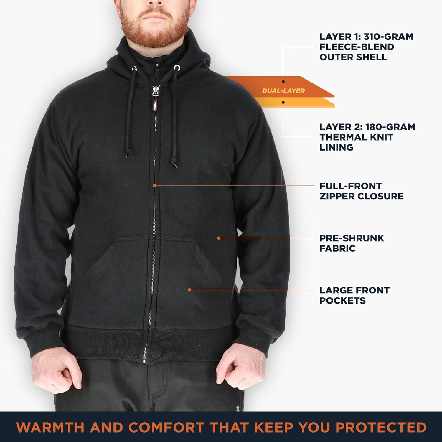 RefrigiWear Men’s Thermal Lined Full Zip Hooded Sweatshirt – Heavy Duty Fleece, Knit Lining, Pre-Shrunk, Front Pockets - Image 2