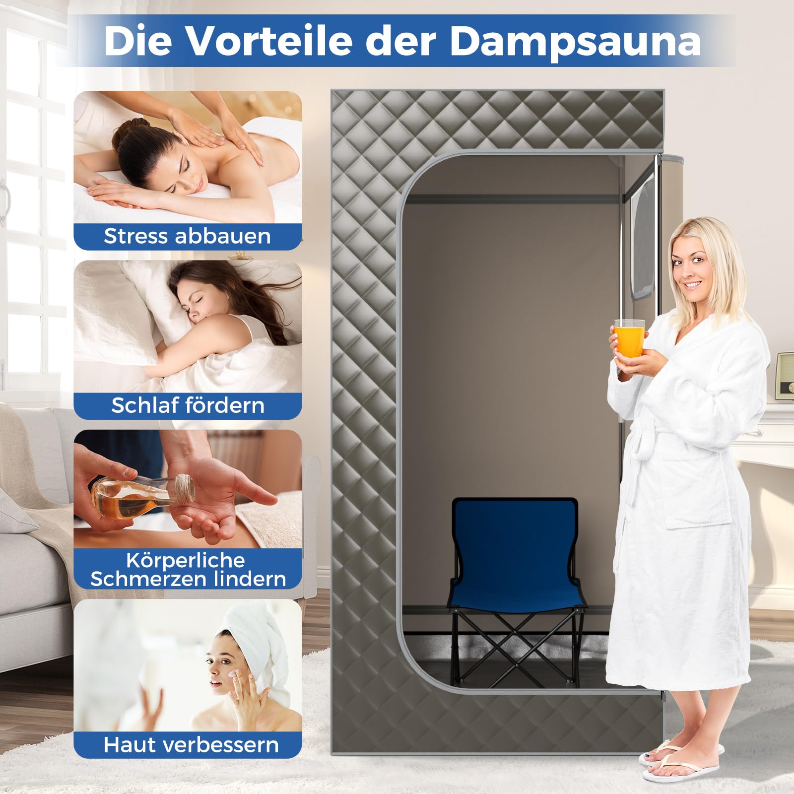 COSTWAY Dampfsauna Heimsauna für Zuhause, Ganzkörpersaunabox mit 3-Liter-Dampfgenerator, Fernbedienung, Fußmassagegerät & Klappstuhl, tragbare Saunazelt 91 x 91 x 183 cm (grau)