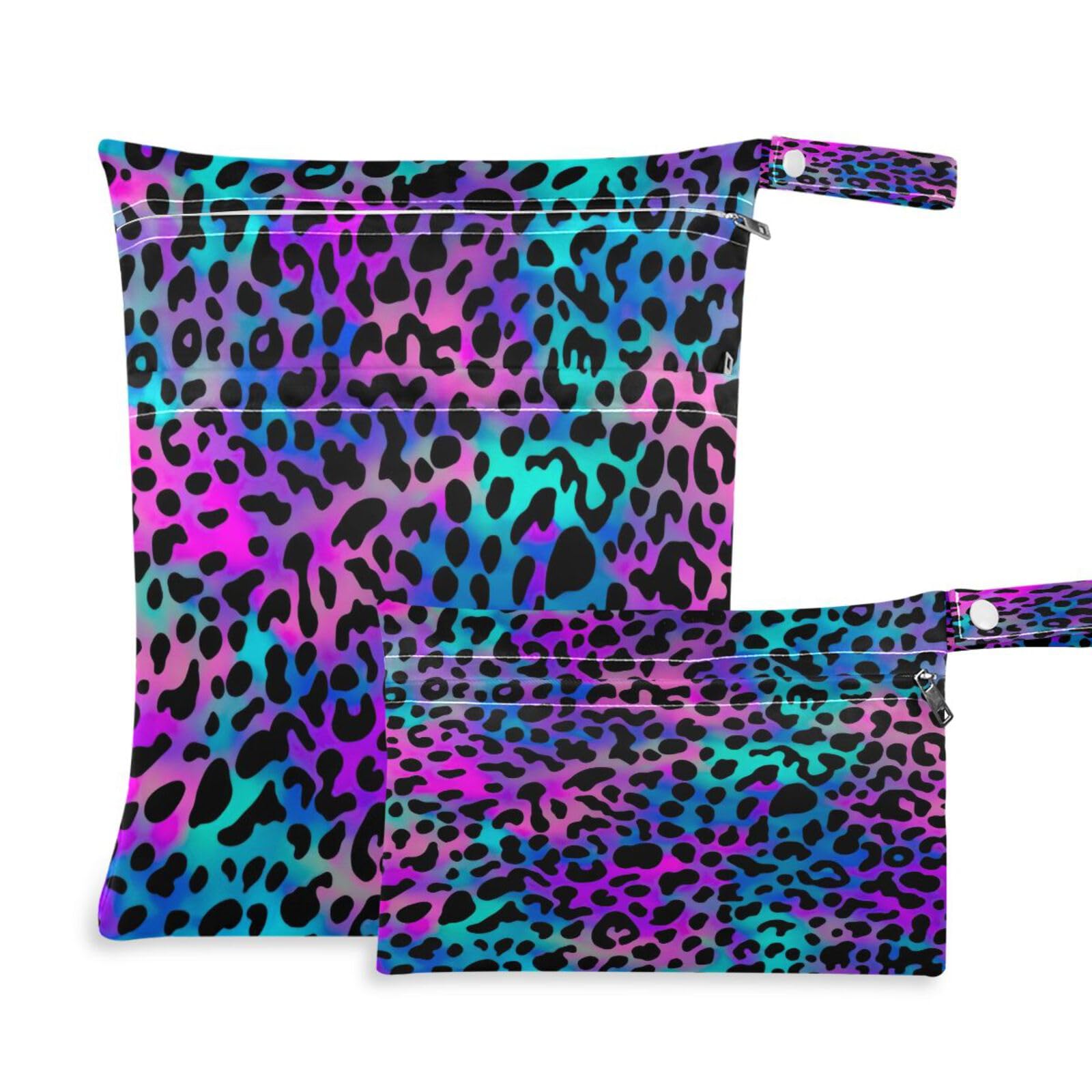 BOESI 2 Piece Wet and Dry Storage Bag, Travel Wet and Dry Bag, Waterproof Reusable, For Travel, Beach, Pool, Diapers, Toiletries, Graffiti Blue and Purple Leopard Pattern