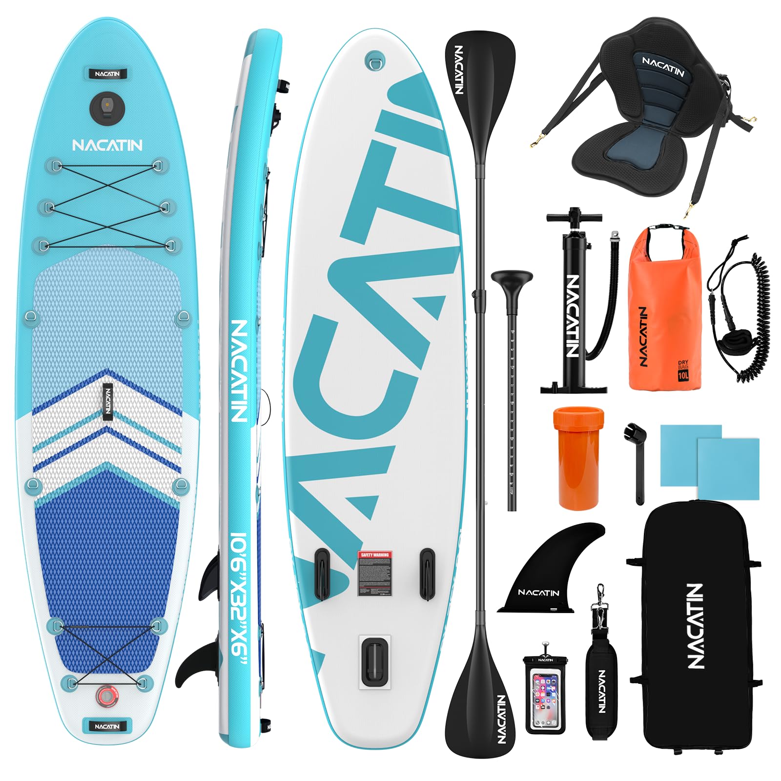 NACATIN - Tableros hinchables de 10'6" con Remo Ajustable Mochila de Viaje, Bomba, Bolsa Impermeable de 10L, Correa, Accesorios incluidos