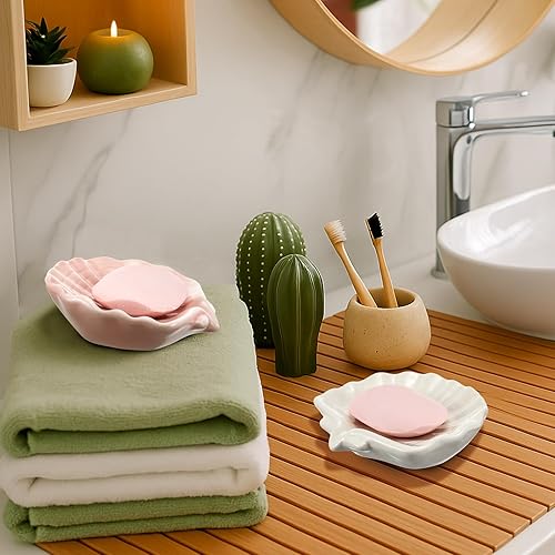 Miniatura 6 de LemonRoad 2 soportes de cerámica para jabonera, bandeja decorativa de concha de mar con soporte elegante autodrenante para baño, ducha, bar, bar,
