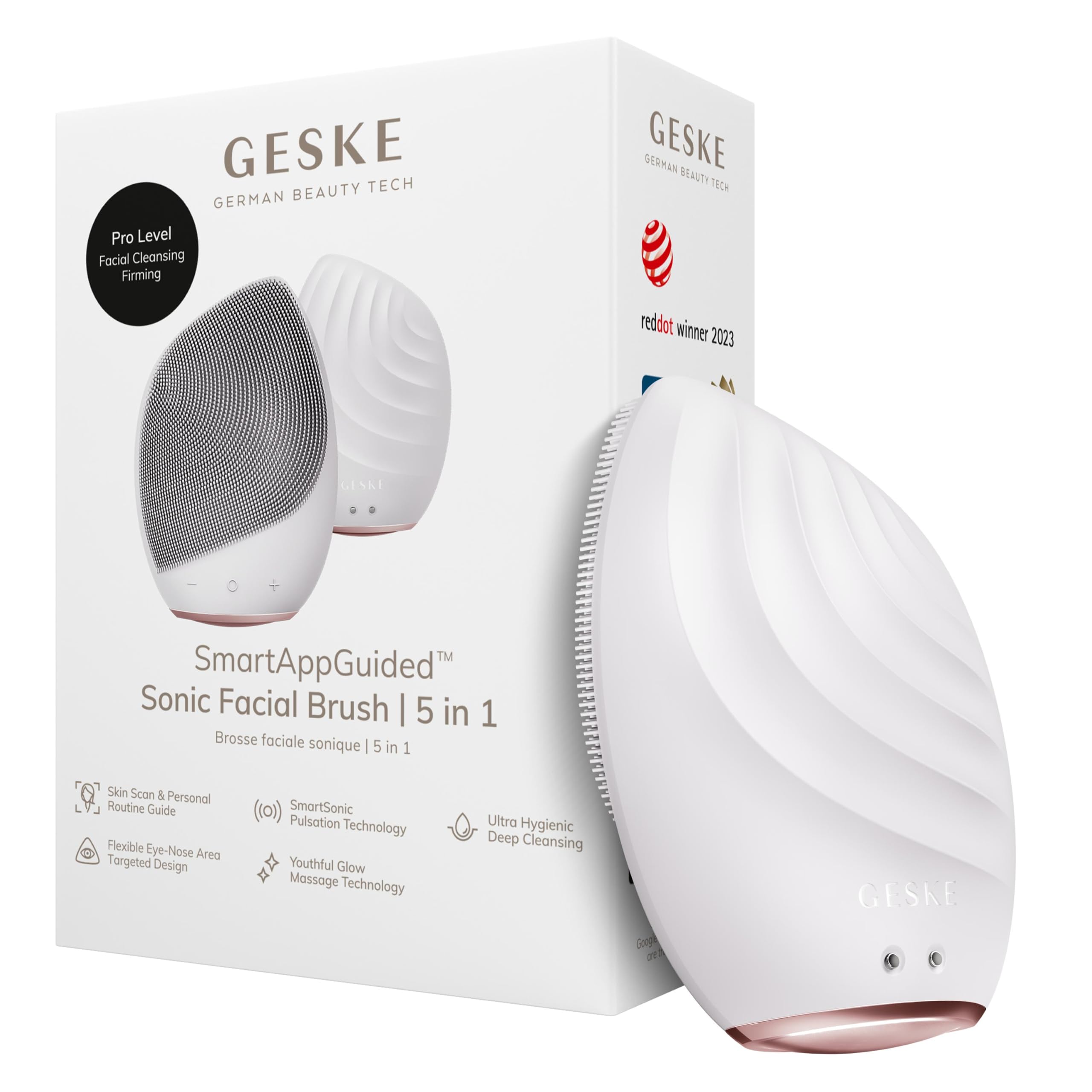 GESKE SmartAppGuided™ Brosse sonique pour le visage 5 en 1 | Brosse de nettoyage électrique vibrante pour le visage | Brosse en silicone souple | Nettoyant visage professionnel | Nettoyant et