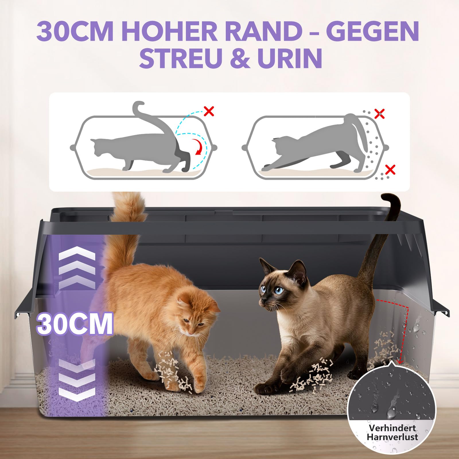 XXXL Edelstahl Katzenklo hoher Rand 70 × 50 × 30 cm 90 L offene Katzentoilette Edelstahl für großes Katzen & mehrereKatzen, geruchsfrei, kein Urinverlust, Spritzsicher & leicht zu reinigen Schwarz