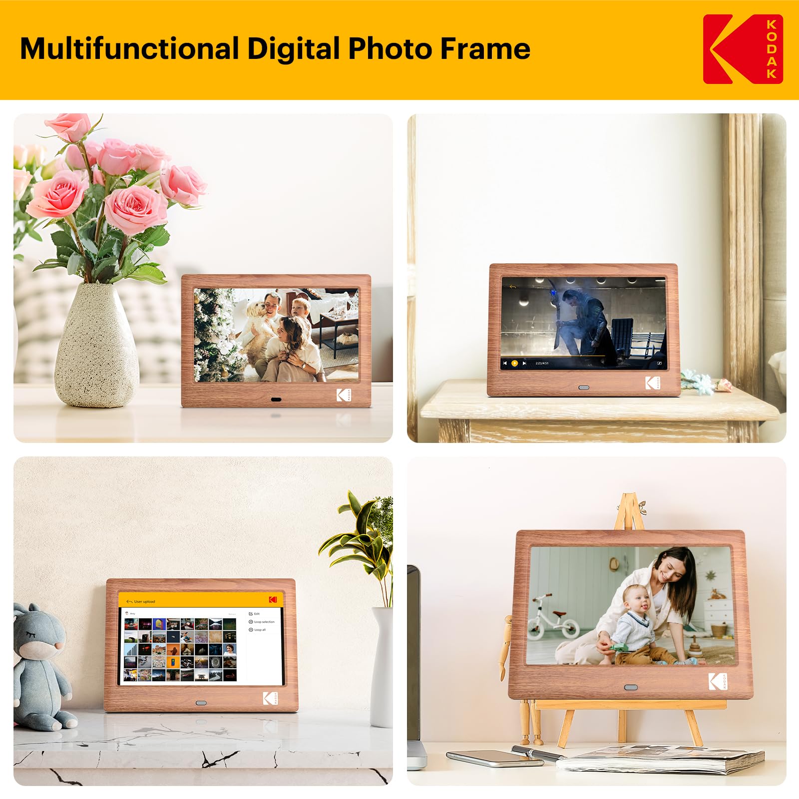 KODAK Cornice digitale da 7 pollici, cornice elettronica, schermo IPS, foto/musica/lettore video, calendario/allarme, supporto USB o scheda SD, rotazione automatica, con telecomando