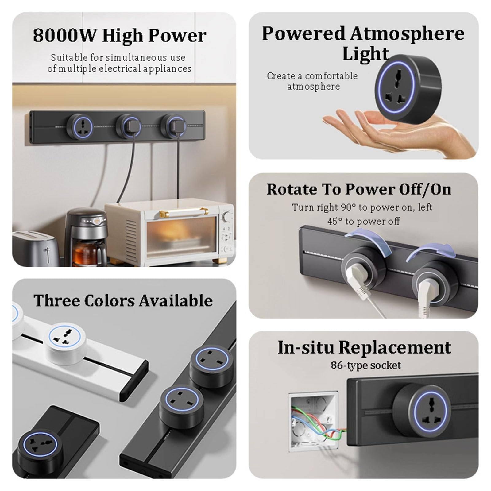 Generico Multipresa, Multipresa A Parete da 8000W, Binario con Prese di Corrente con 2-5 Prese Universali, Prolunga Multipresa, Adatta per Cucina, Soggiorno, Studio, Ufficio(White,40cm)