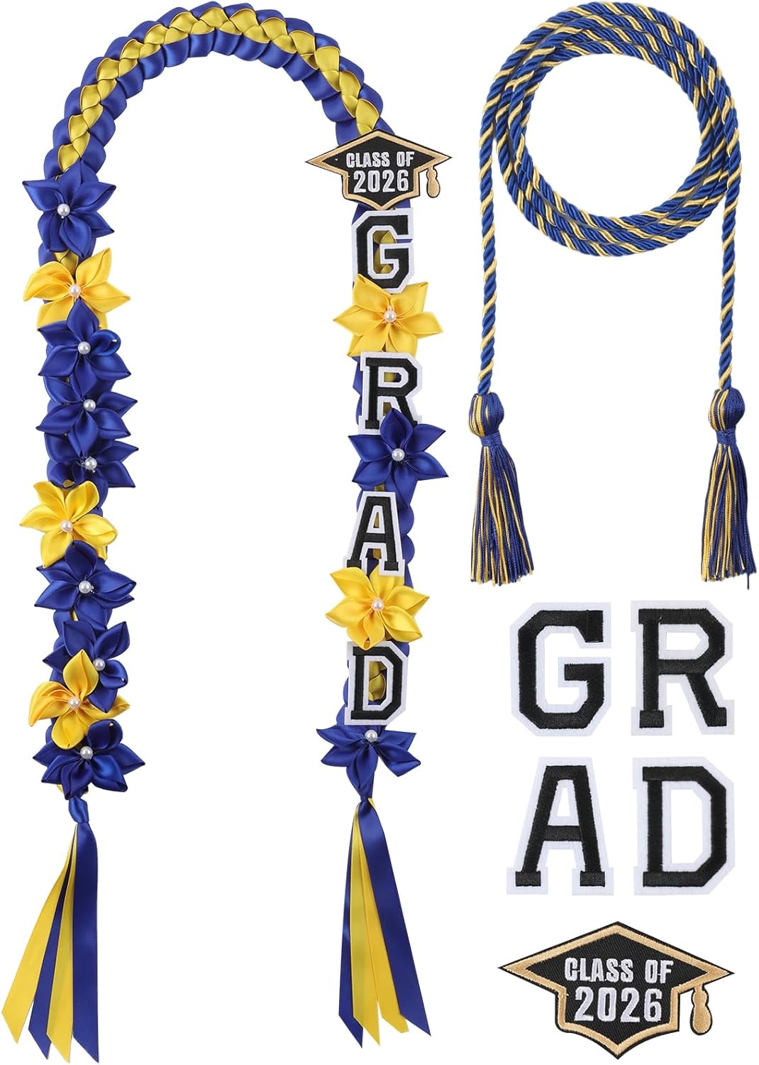 CORVIDA Graduation Leis and Honor Cords Hawaiian Flower Lei 4-Braided Ribbon Necklace with 5 Felt Patches for High School College University Graduation Ceremony Accessories