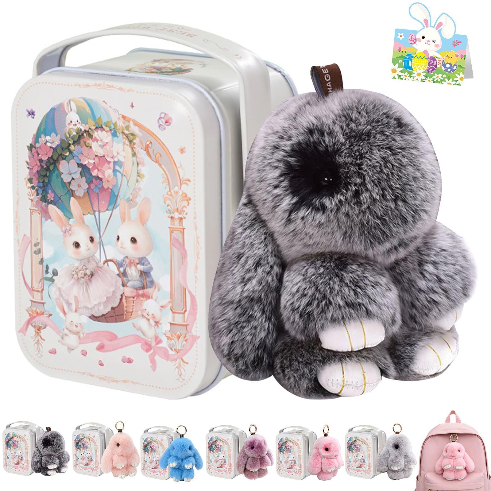 Bunny Lulu Keychain With Tin Box, Bunny Keychain Charm Bao Rabbit Pompom For Bags, Easter Girls Women Gift — view 19