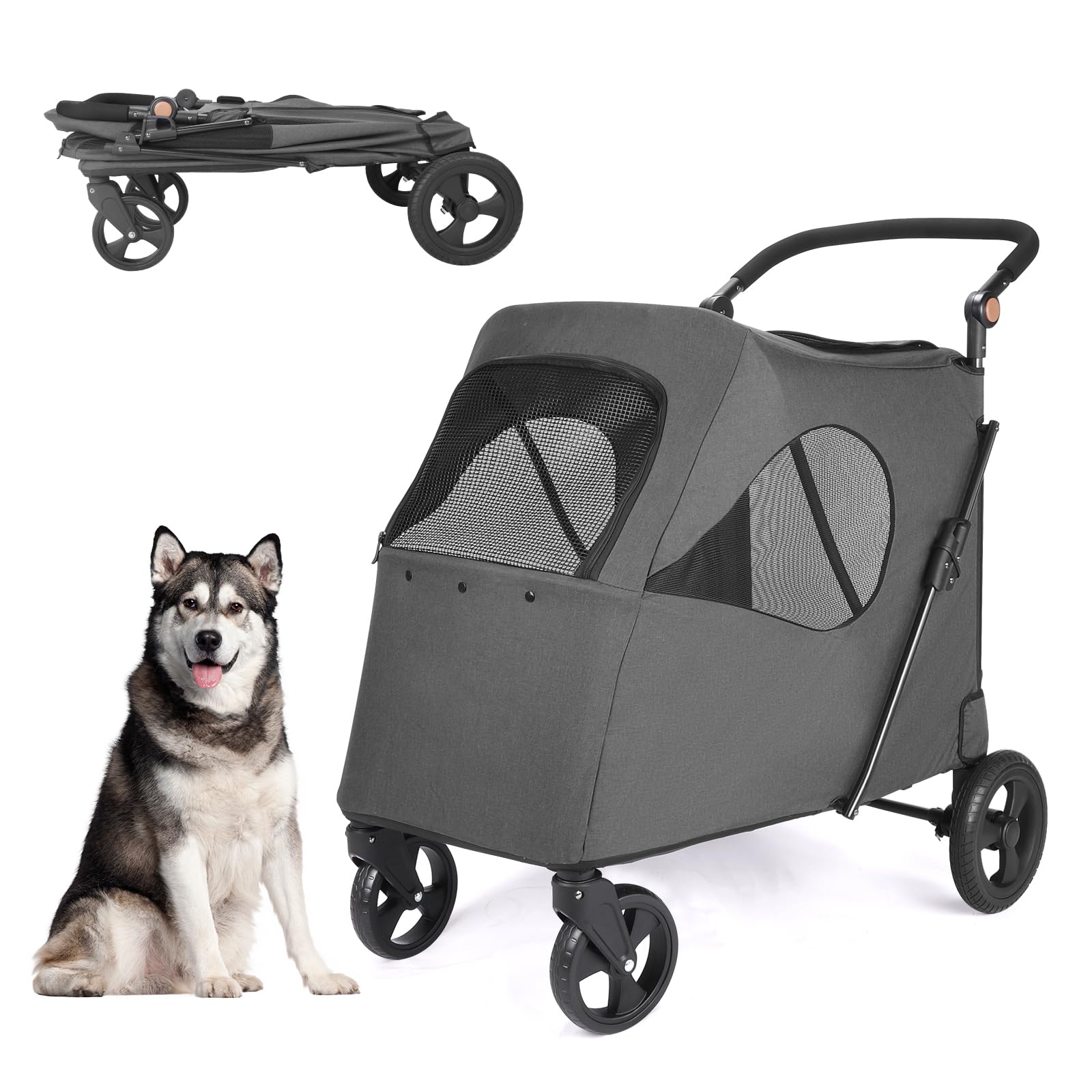 AESRAOU Large Dog Travel Stroller with 4 Heavy Duty Wheels Pet Stroller with Adjustable Handle - Double Doggie Capacity Jogger Wagon with Back Front Door for Small Medium Large Dogs (Dark Grey)